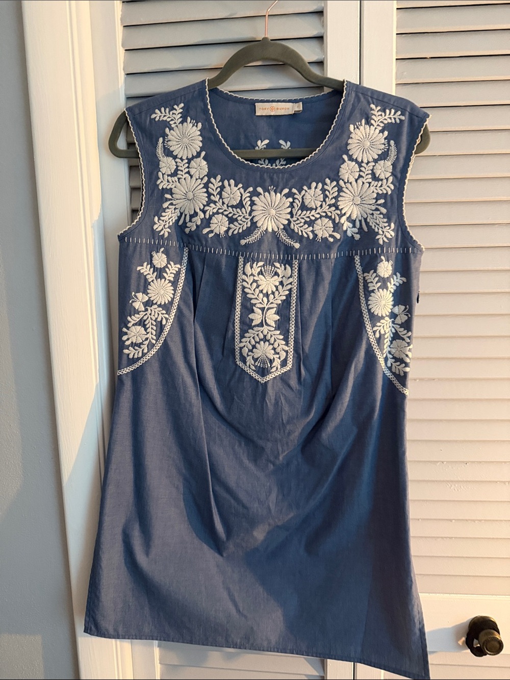 Tory Burch Blue Sleeveless Tunic with White Floral Embroidery